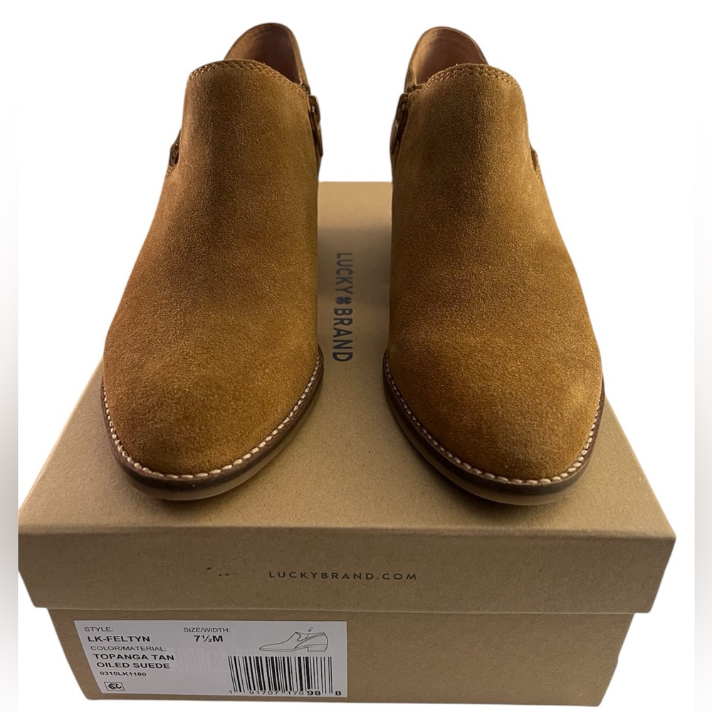LUCKY BRAND BOOTS, Women’s Sz 7.5, Tan Oiled Suede Zip Ankle Booties, NEW in Box